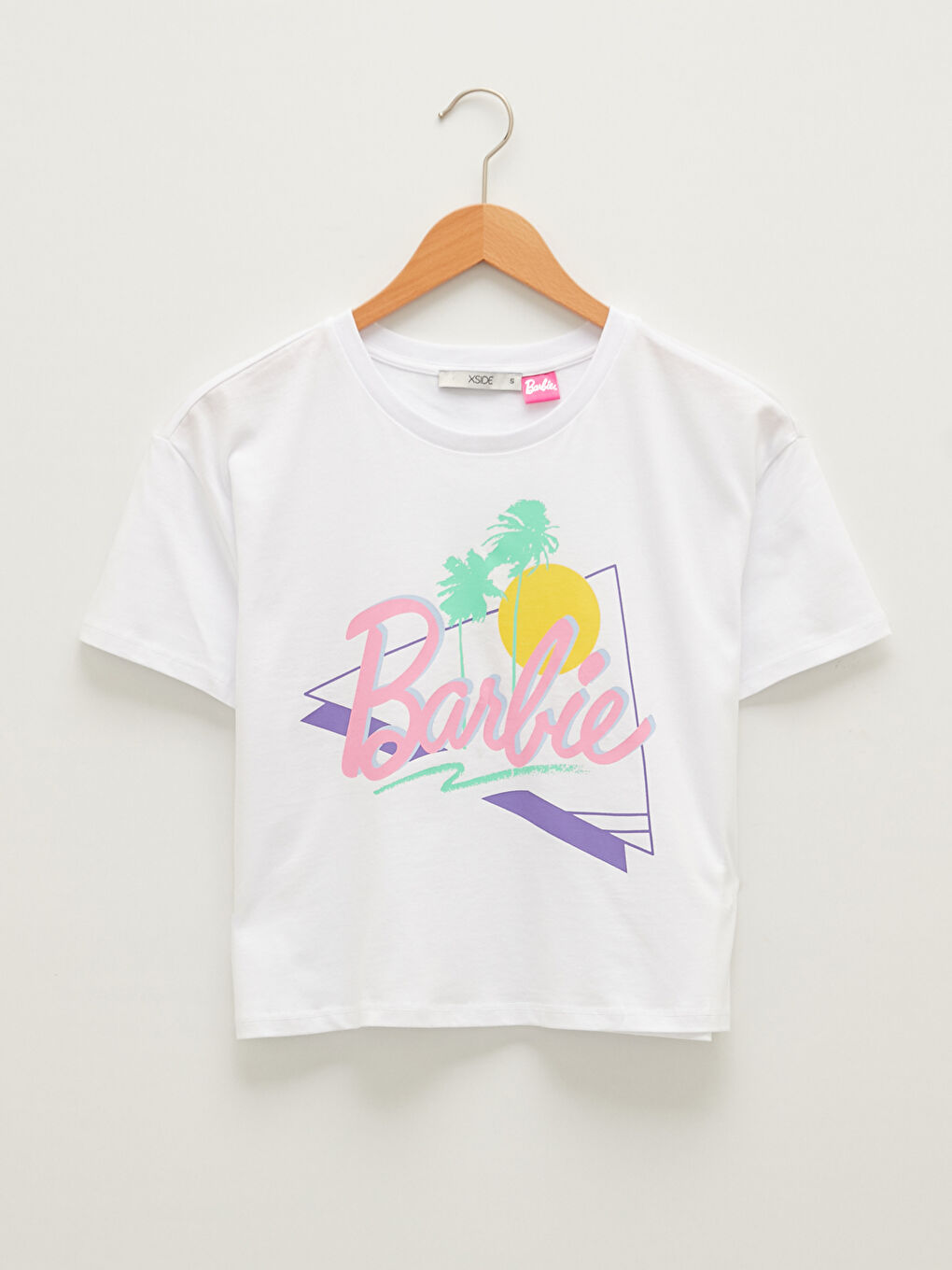 Beyaz Bisiklet Yaka Barbie Baskılı Kısa Kollu Kadın Crop-5