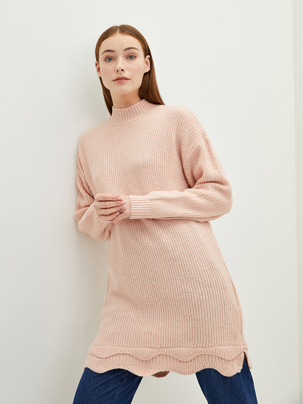 Mock Neck Plain Long Sleeve Oversize Women's Knitwear Tunic
