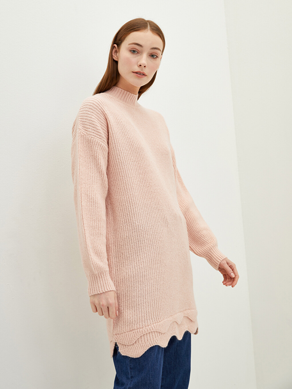Mock Neck Plain Long Sleeve Oversize Women's Knitwear Tunic-1