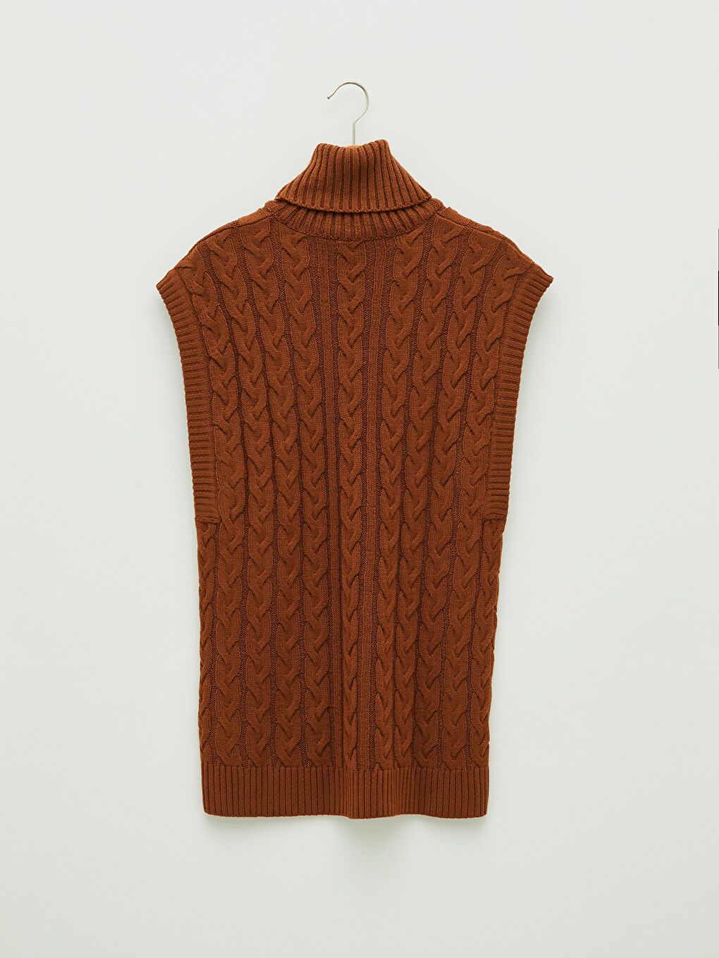 Kahverengi Kadın Balıkçı Yaka Kendinden Desenli Kolsuz Triko Süveter-6