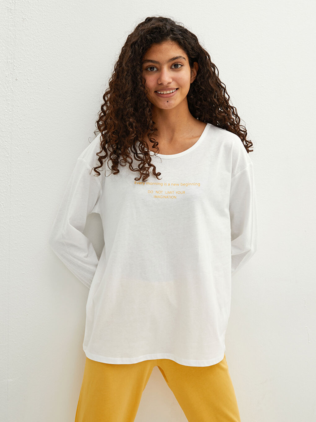 Sarı Bisiklet Yaka Baskılı Uzun Kollu Pamuklu Kadın Pijama Takımı-1