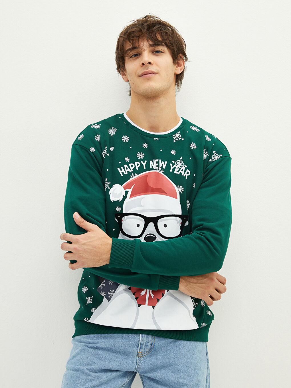 XSIDE Bisiklet Yaka Yılbaşı Temalı Uzun Kollu Baskılı Erkek Sweatshirt Baba ve Oğul Kombini -W1CJ94Z8-PU0