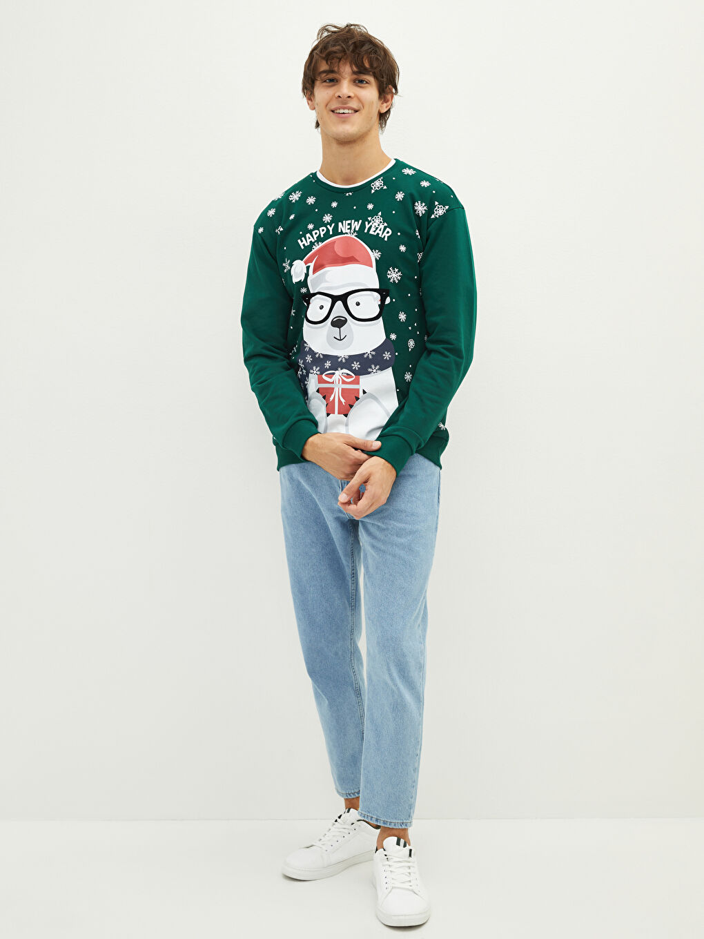 XSIDE Bisiklet Yaka Yılbaşı Temalı Uzun Kollu Baskılı Erkek Sweatshirt Baba ve Oğul Kombini -W1CJ94Z8-PU0