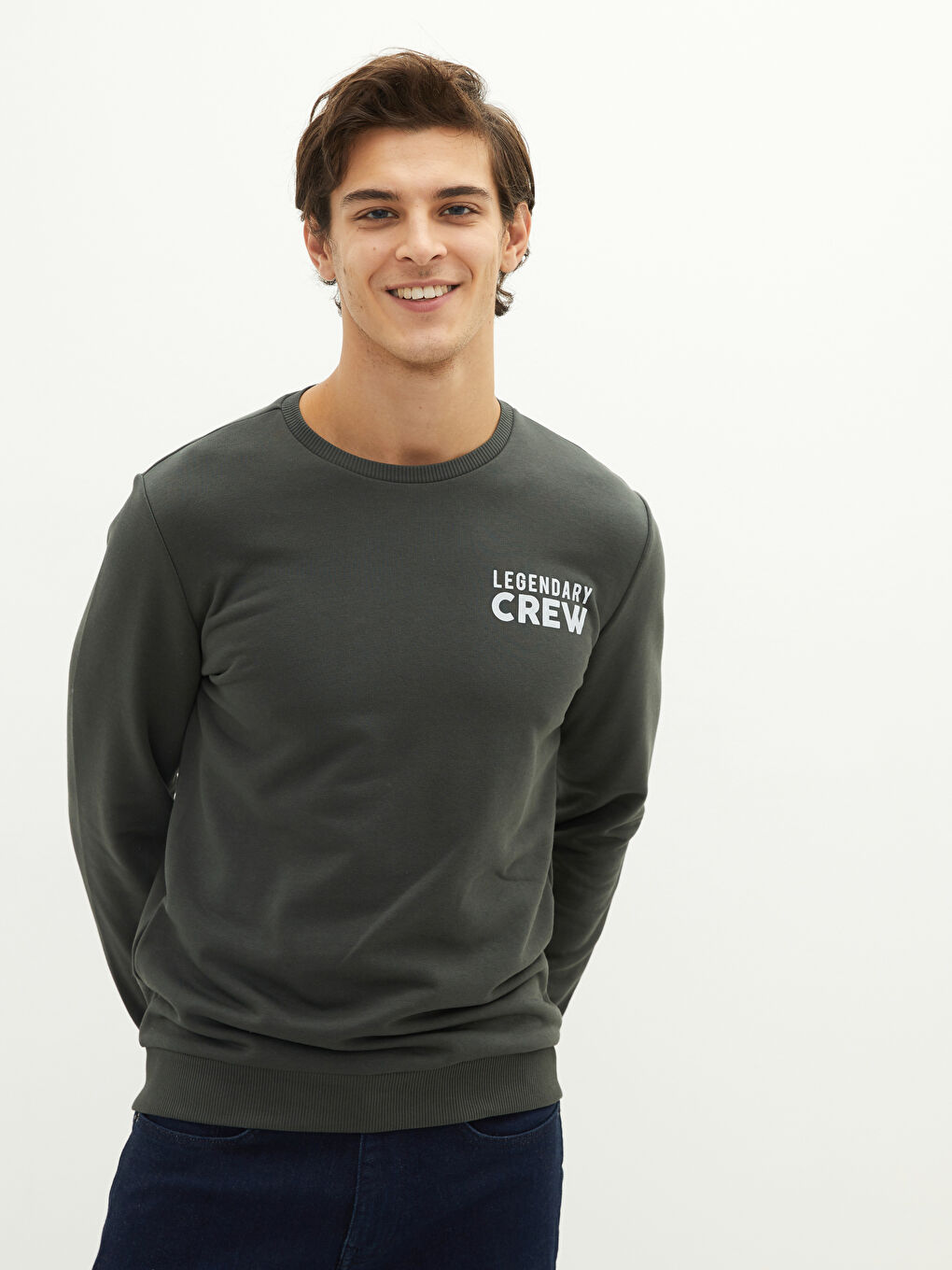 Haki Bisiklet Yaka Uzun Kollu Baskılı Erkek Sweatshirt Baba ve Oğul Kombini-1