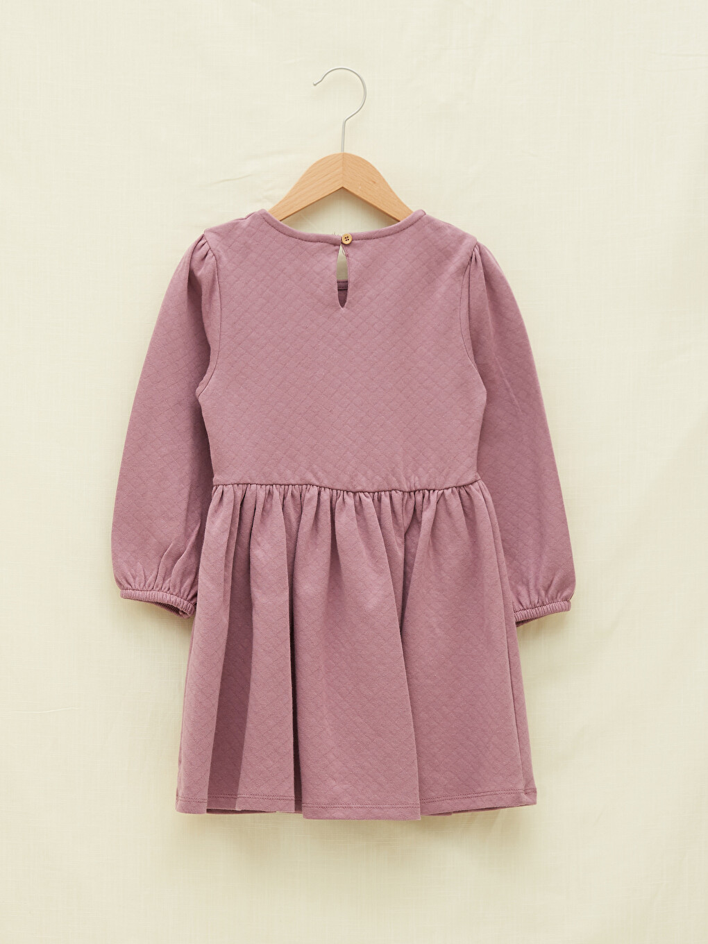 Crew Neck Quilted Patterned Long Sleeve Girl's Dress-1