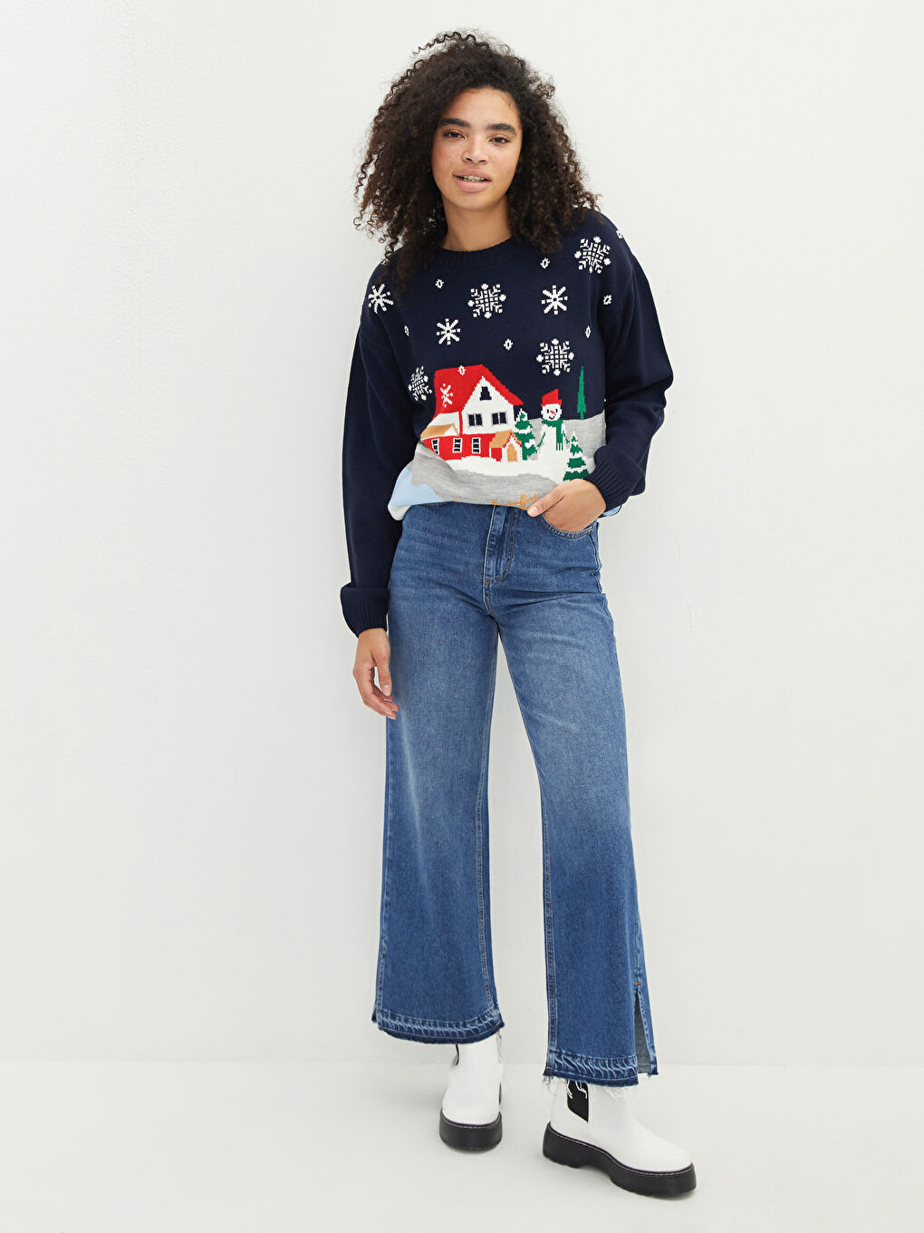 Пуловер с кръгло деколте, новогодишна тематика, дълъг ръкав, трико, за жени-1