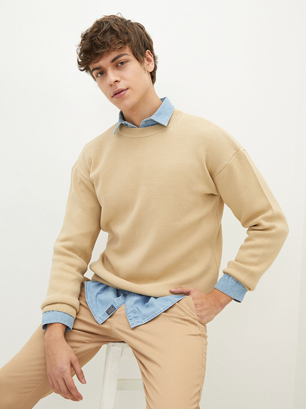 Bej Bisiklet Yaka Erkek Triko Kazak