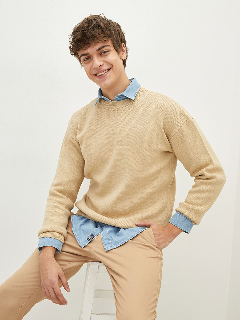 Bej Bisiklet Yaka Erkek Triko Kazak-1