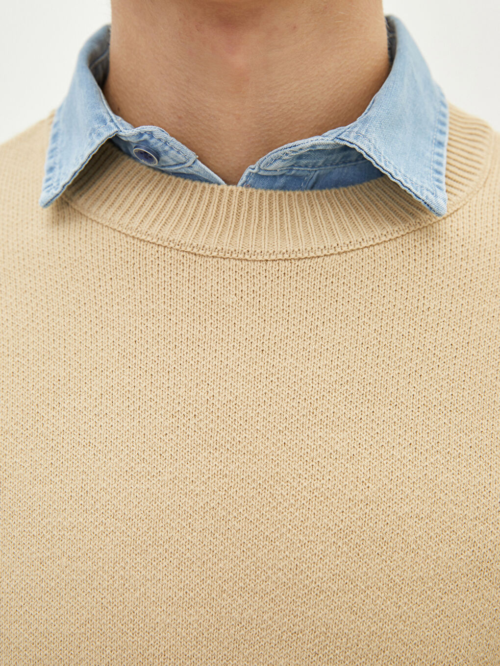 Bej Bisiklet Yaka Erkek Triko Kazak-3