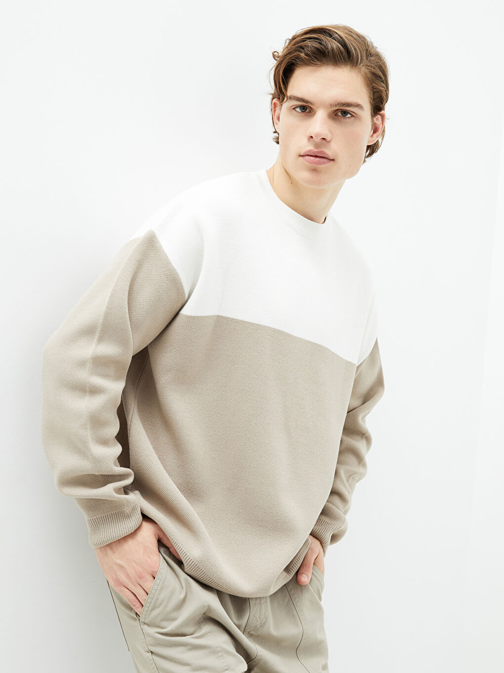 Pull-over en Tricot à Col Rond et Manches Longues Bloc de Couleurs pour Hommes-3
