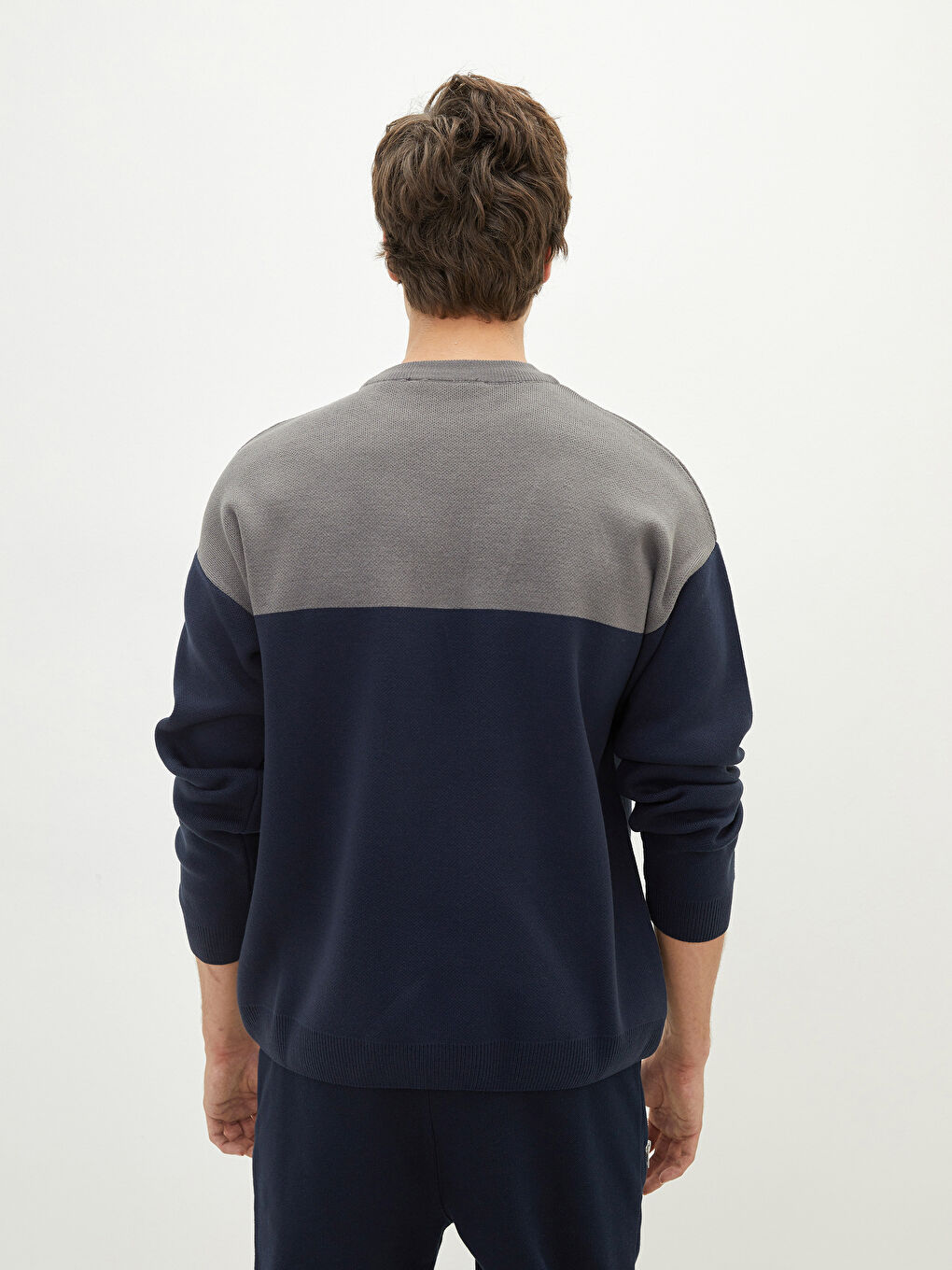 Lacivert Bisiklet Yaka Uzun Kollu Renk Bloklu Erkek Triko Kazak-4