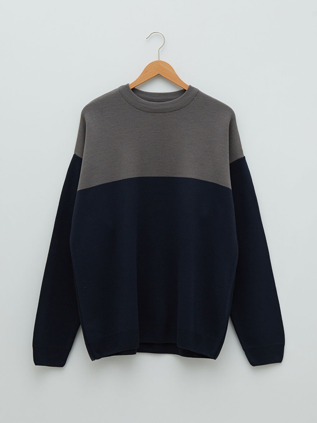 Lacivert Bisiklet Yaka Uzun Kollu Renk Bloklu Erkek Triko Kazak-5