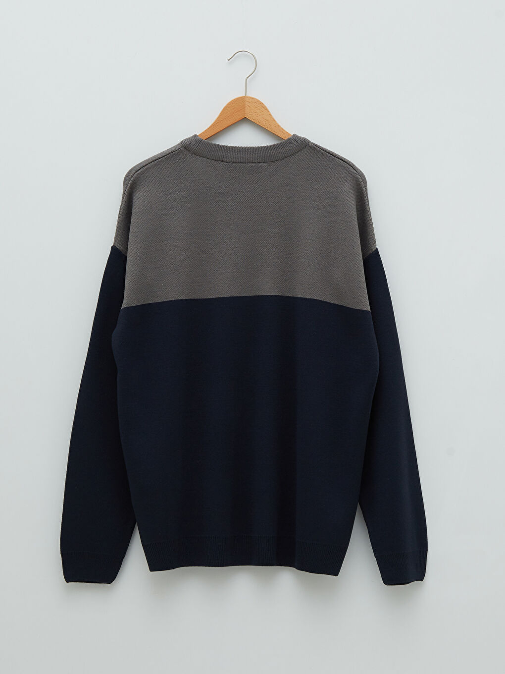 Lacivert Bisiklet Yaka Uzun Kollu Renk Bloklu Erkek Triko Kazak-6