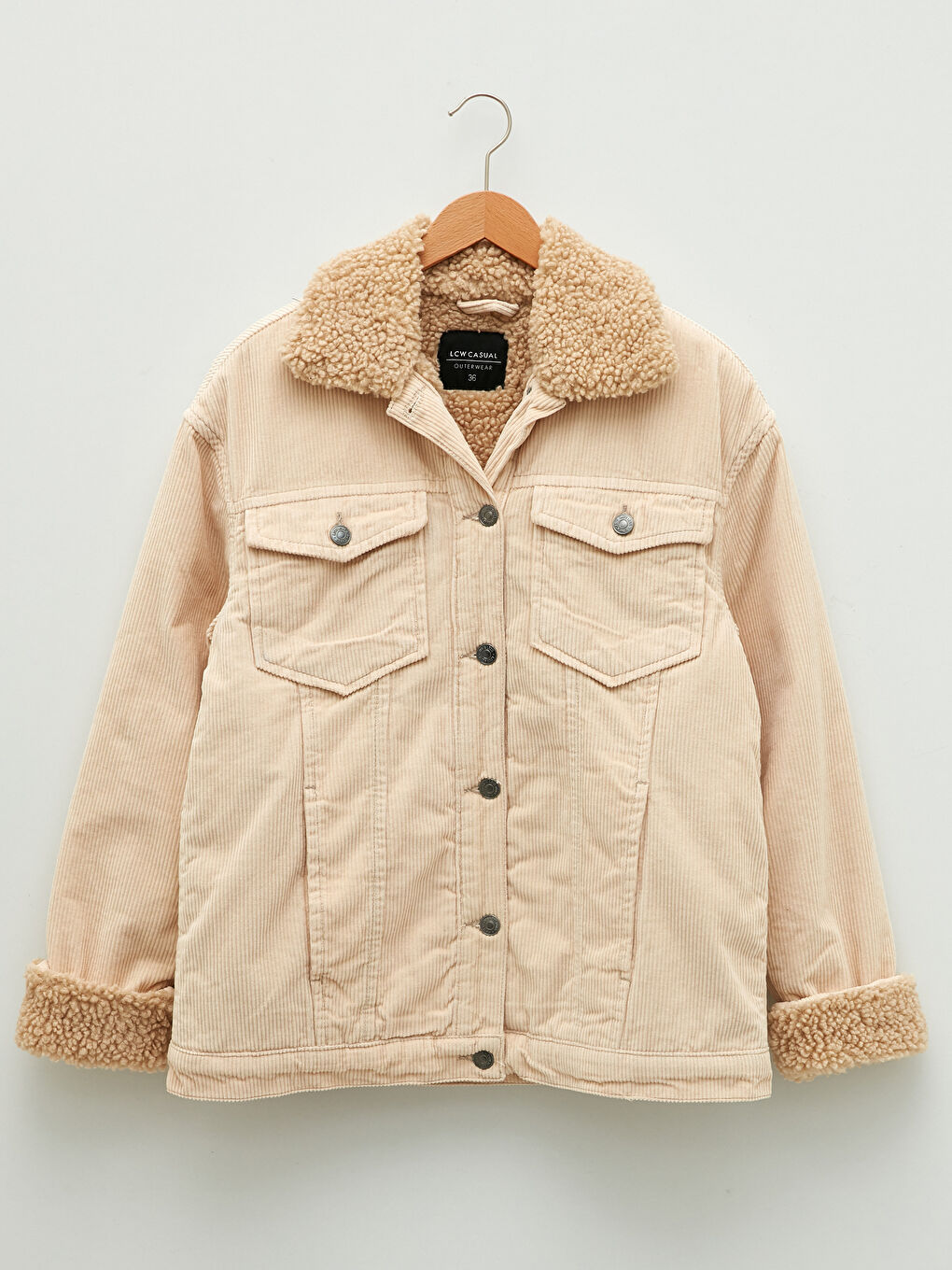 Ekru Gömlek Yaka Düz Uzun Kollu Kadife Kadın Mont-6