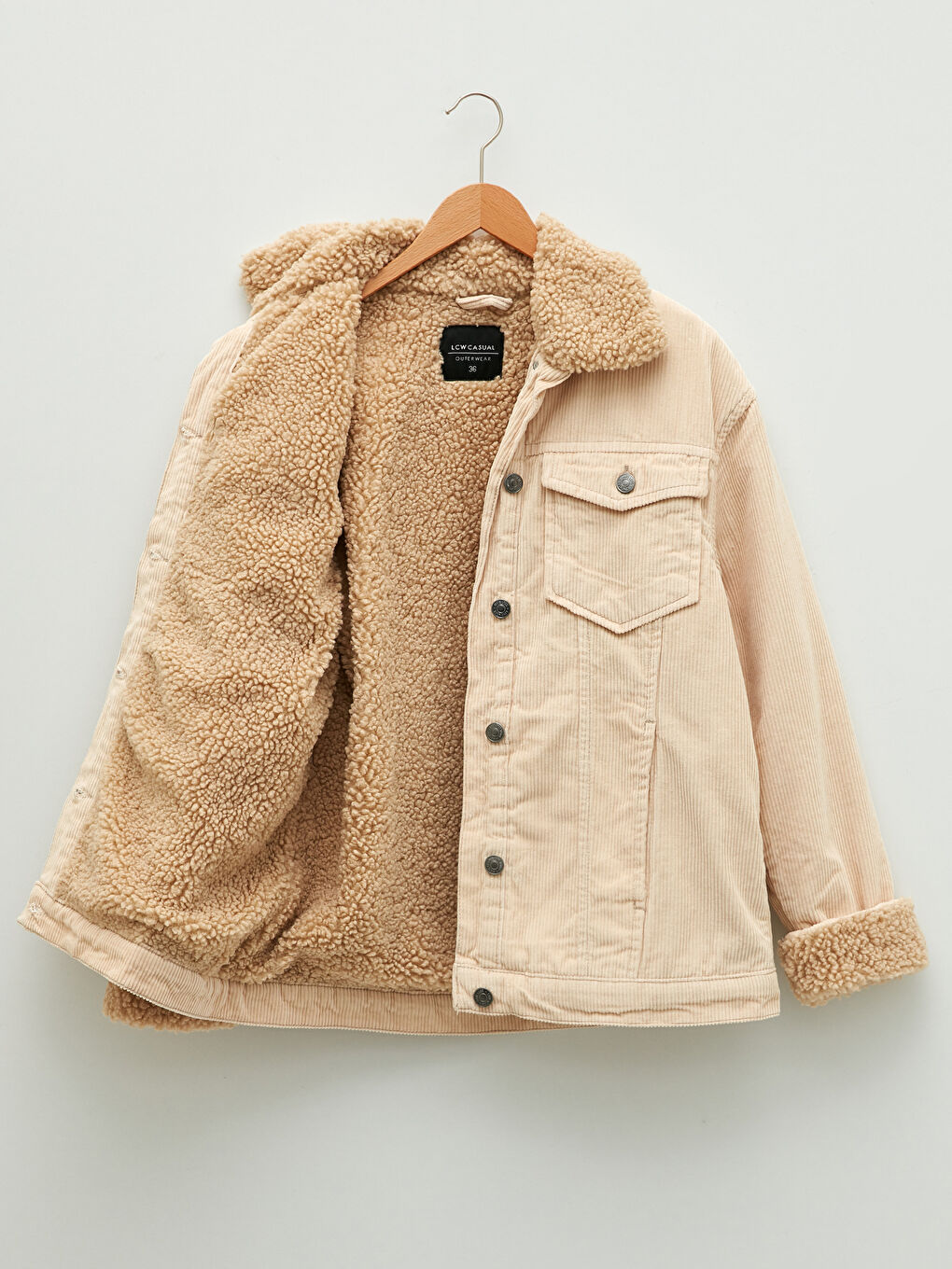 Ekru Gömlek Yaka Düz Uzun Kollu Kadife Kadın Mont-8