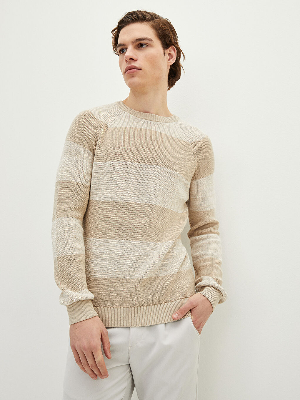 Crew Neck Long Sleeve Striped Men's Knitwear Sweater-1
