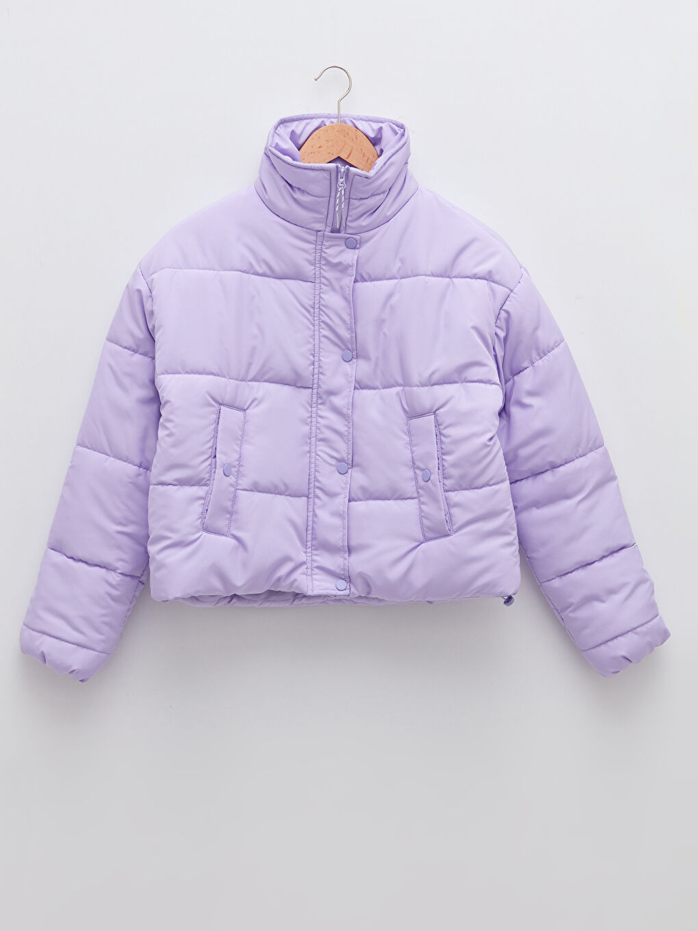 Lila Dik Yaka Düz Cep Detaylı Uzun Kollu Kalın Kadın Şişme Mont-6