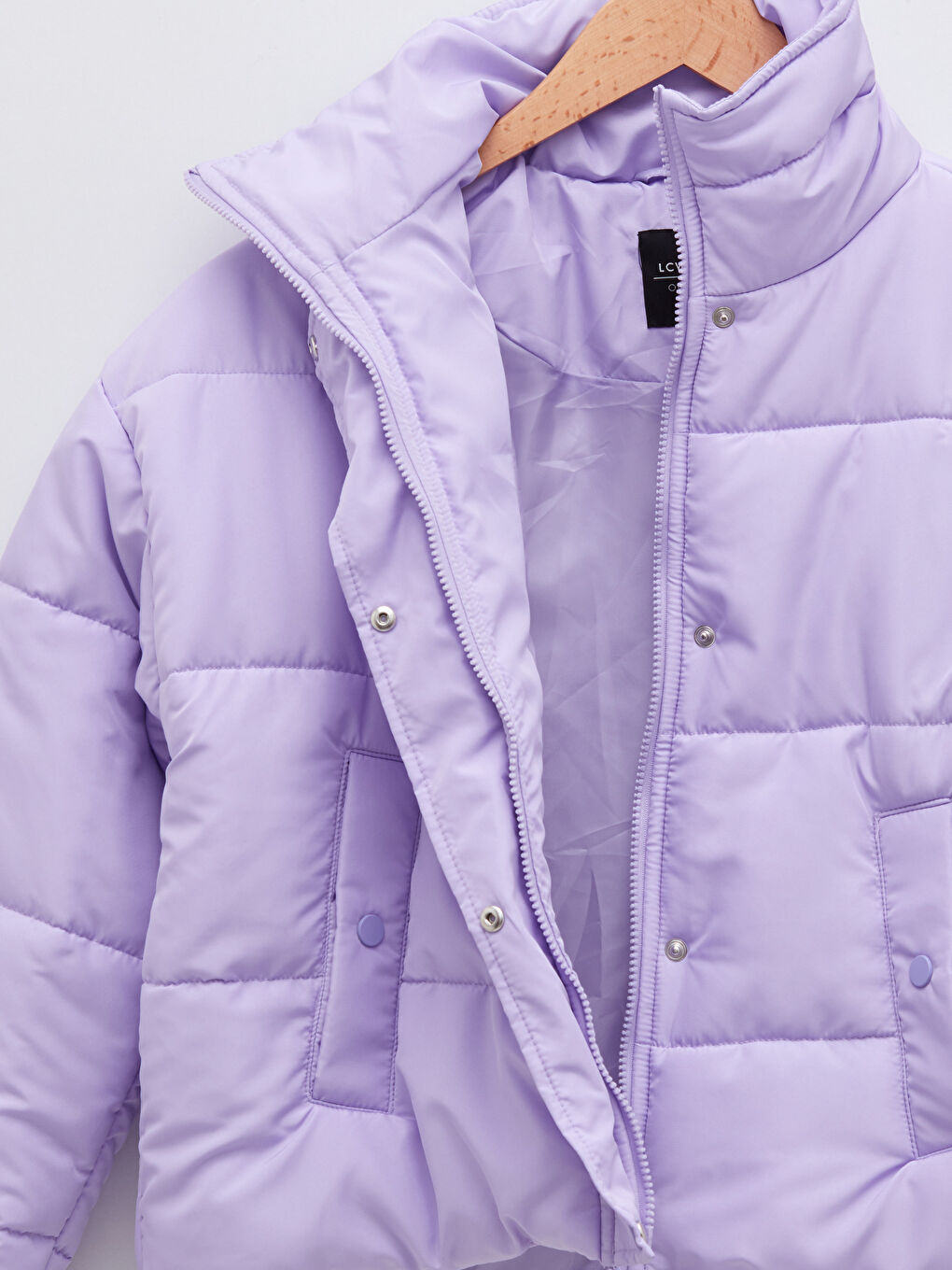 Lila Dik Yaka Düz Cep Detaylı Uzun Kollu Kalın Kadın Şişme Mont-8