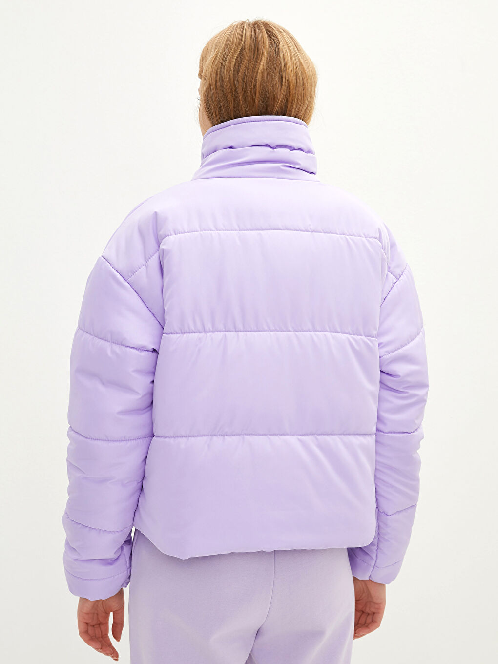 Lila Dik Yaka Düz Cep Detaylı Uzun Kollu Kalın Kadın Şişme Mont-5