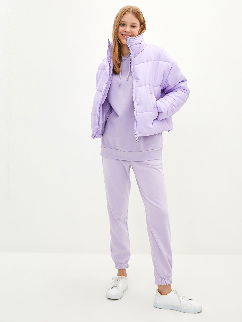 Lila Dik Yaka Düz Cep Detaylı Uzun Kollu Kalın Kadın Şişme Mont-2