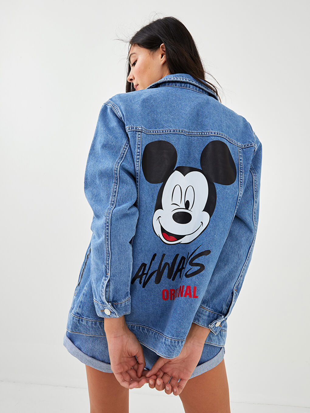Geacă din denim pentru Femei cu Guler de cămașă, Imprimată Mickey Mouse, Mânecă lungă, Detalii cu Buzunar