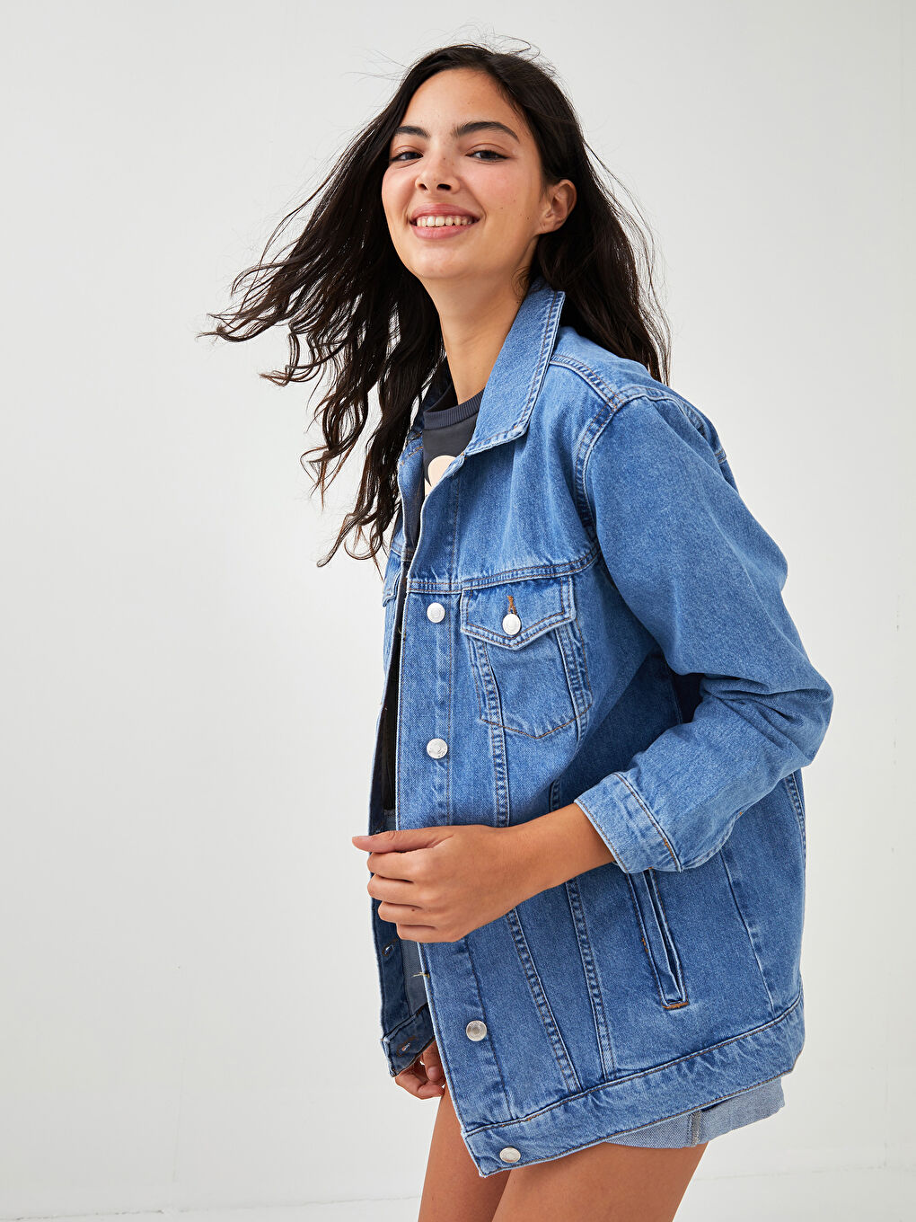 Geacă din denim pentru Femei cu Guler de cămașă, Imprimată Mickey Mouse, Mânecă lungă, Detalii cu Buzunar-1