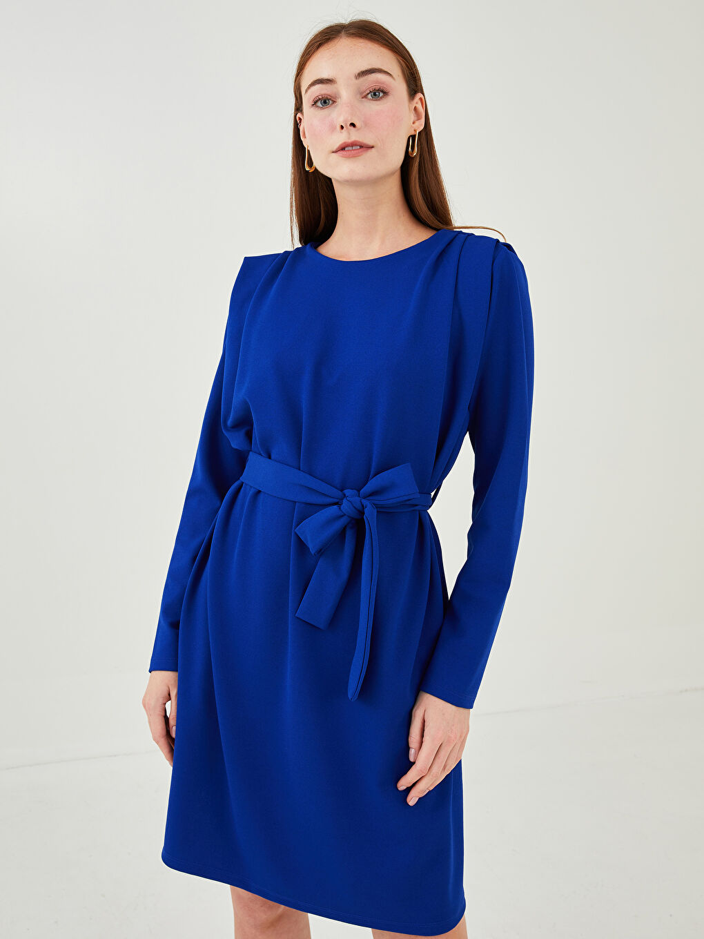 Mavi Bisiklet Yaka Düz Uzun Kollu Krep Kumaş Kadın Elbise