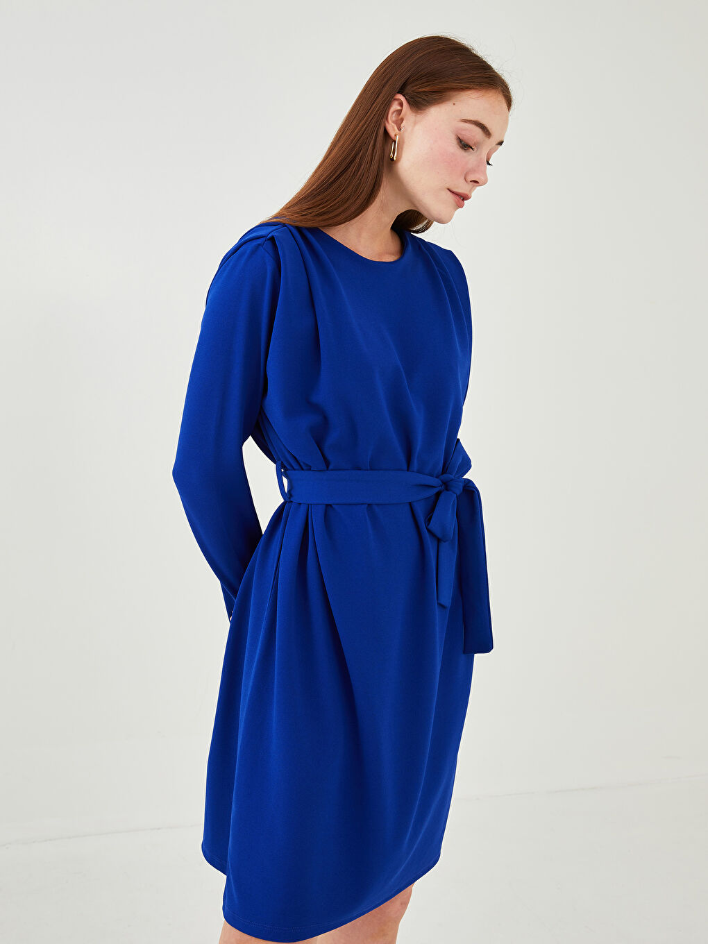 Mavi Bisiklet Yaka Düz Uzun Kollu Krep Kumaş Kadın Elbise-1