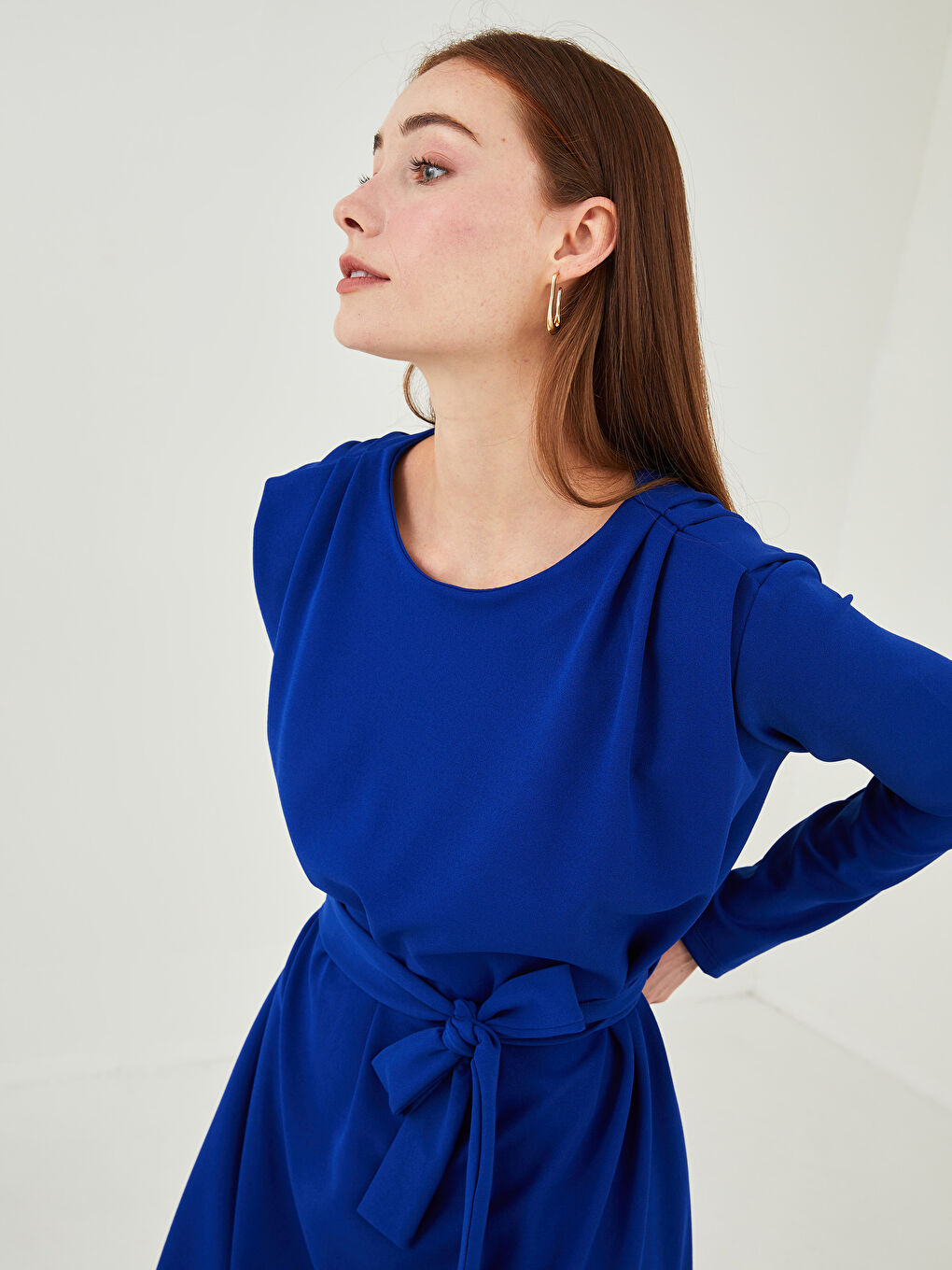 Mavi Bisiklet Yaka Düz Uzun Kollu Krep Kumaş Kadın Elbise-2