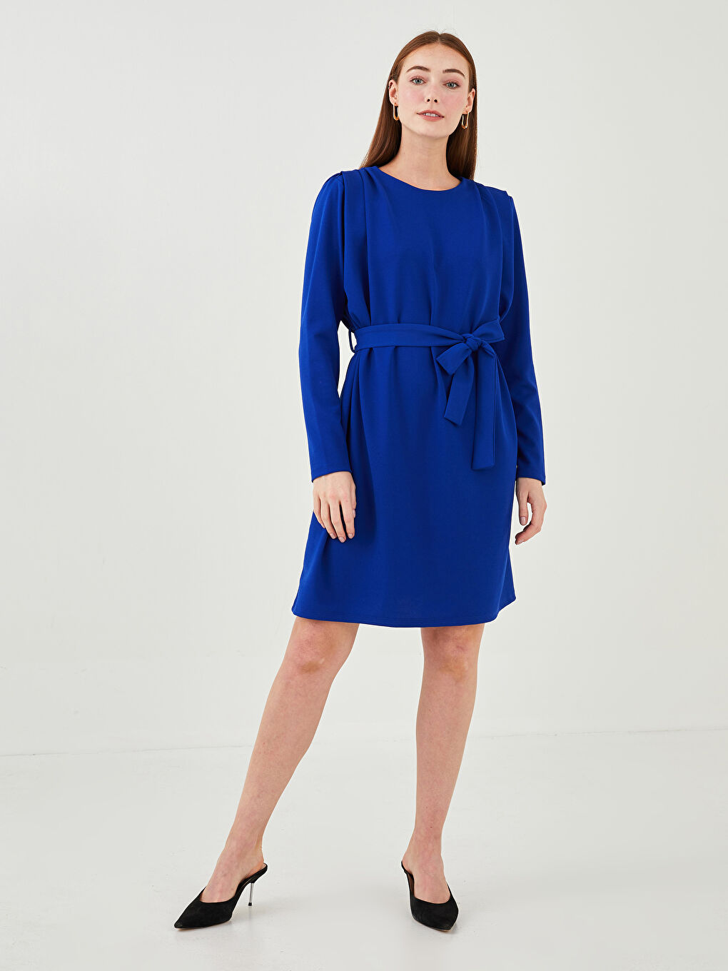 Mavi Bisiklet Yaka Düz Uzun Kollu Krep Kumaş Kadın Elbise-3