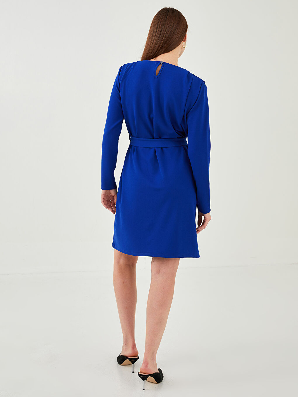 Mavi Bisiklet Yaka Düz Uzun Kollu Krep Kumaş Kadın Elbise-4