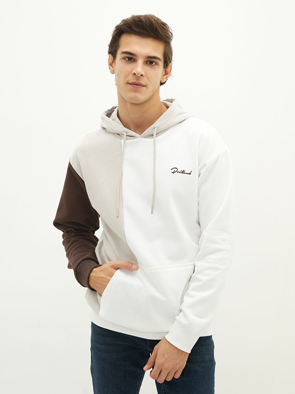 Uzun Kollu Renk Bloklu Erkek Kalın Hoodie-1