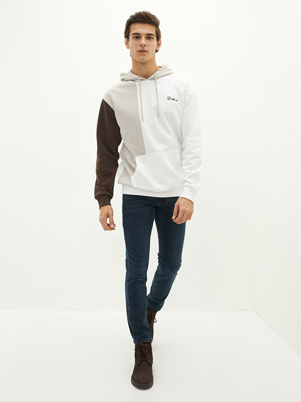 Uzun Kollu Renk Bloklu Erkek Kalın Hoodie-2