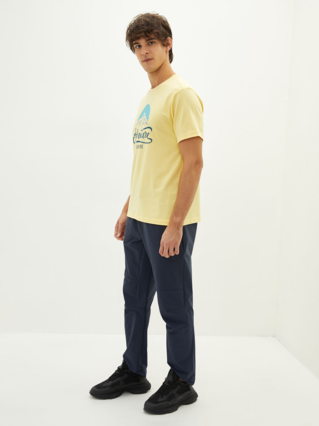 Sarı Bisiklet Yaka Kısa Kollu Baskılı Erkek Tişört-2