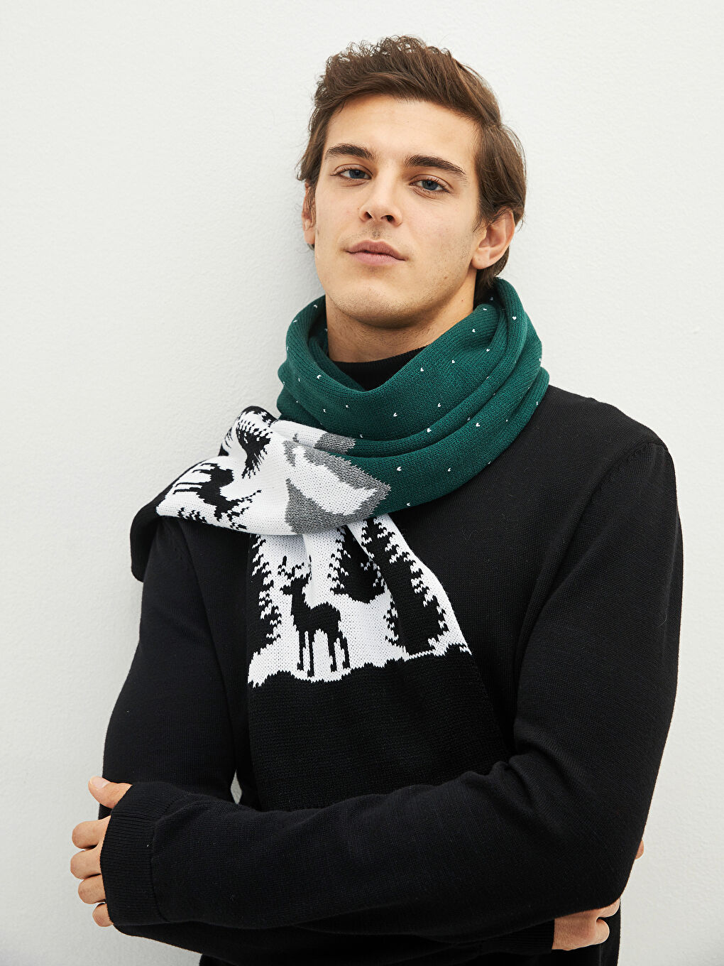 Yeşil Yılbaşı Temalı Erkek Triko Atkı