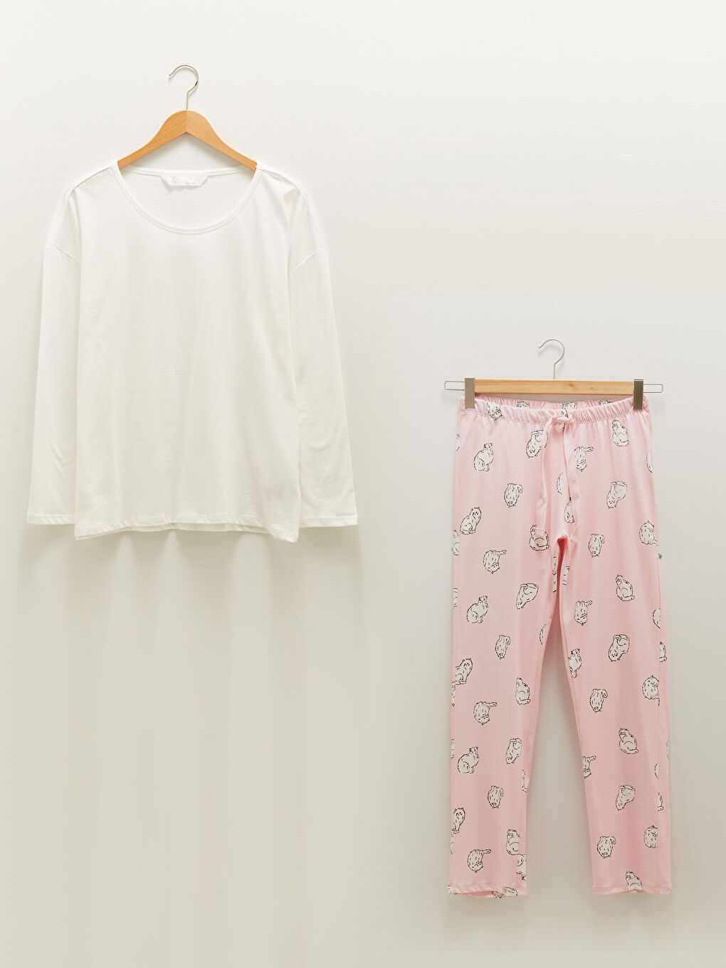 Pembe Bisiklet Yaka Baskılı Uzun Kollu Pamuklu Kadın Pijama Takımı-6