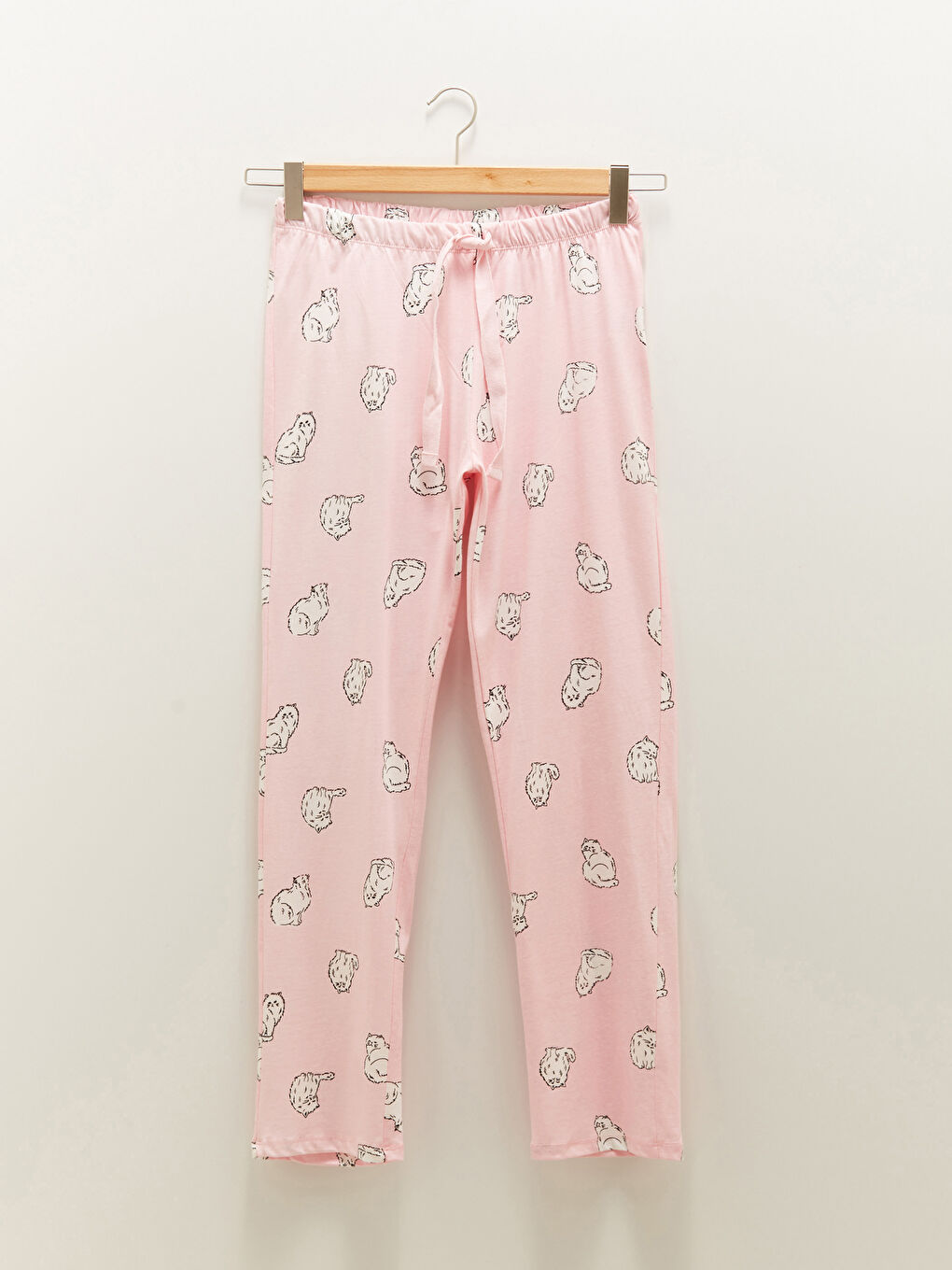 Pembe Bisiklet Yaka Baskılı Uzun Kollu Pamuklu Kadın Pijama Takımı-8