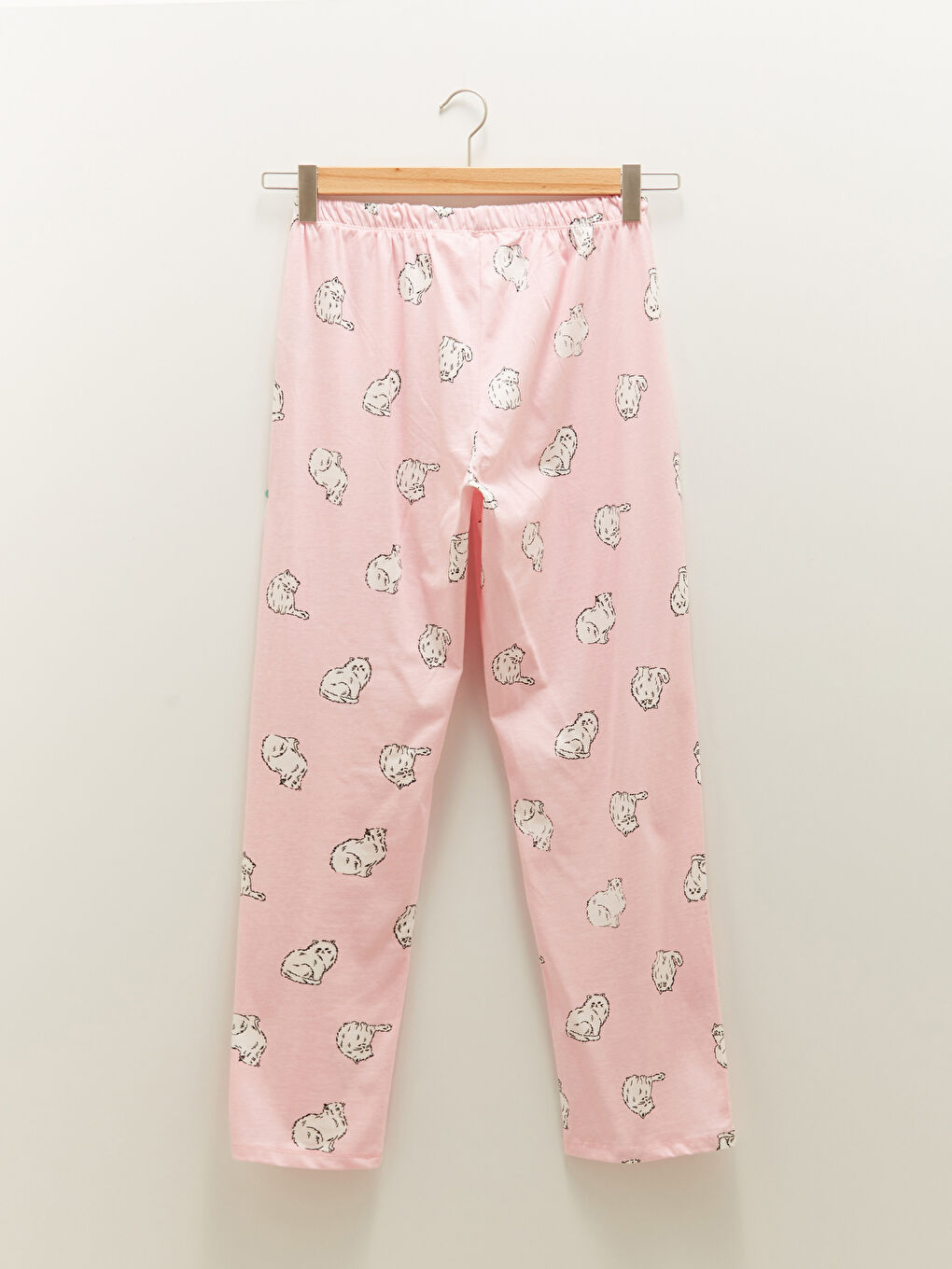 Pembe Bisiklet Yaka Baskılı Uzun Kollu Pamuklu Kadın Pijama Takımı-10