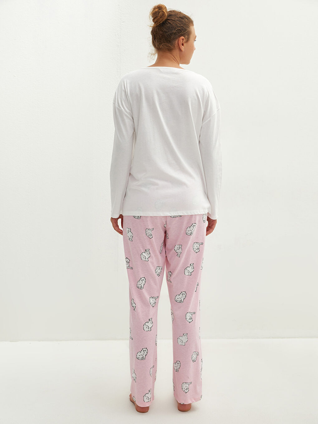 Pembe Bisiklet Yaka Baskılı Uzun Kollu Pamuklu Kadın Pijama Takımı-5