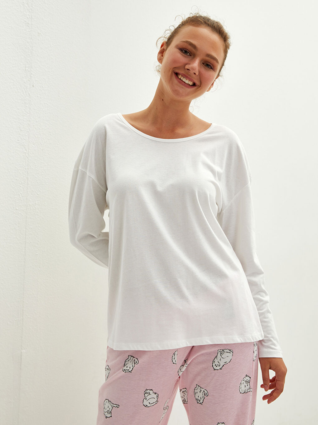 Pembe Bisiklet Yaka Baskılı Uzun Kollu Pamuklu Kadın Pijama Takımı-2