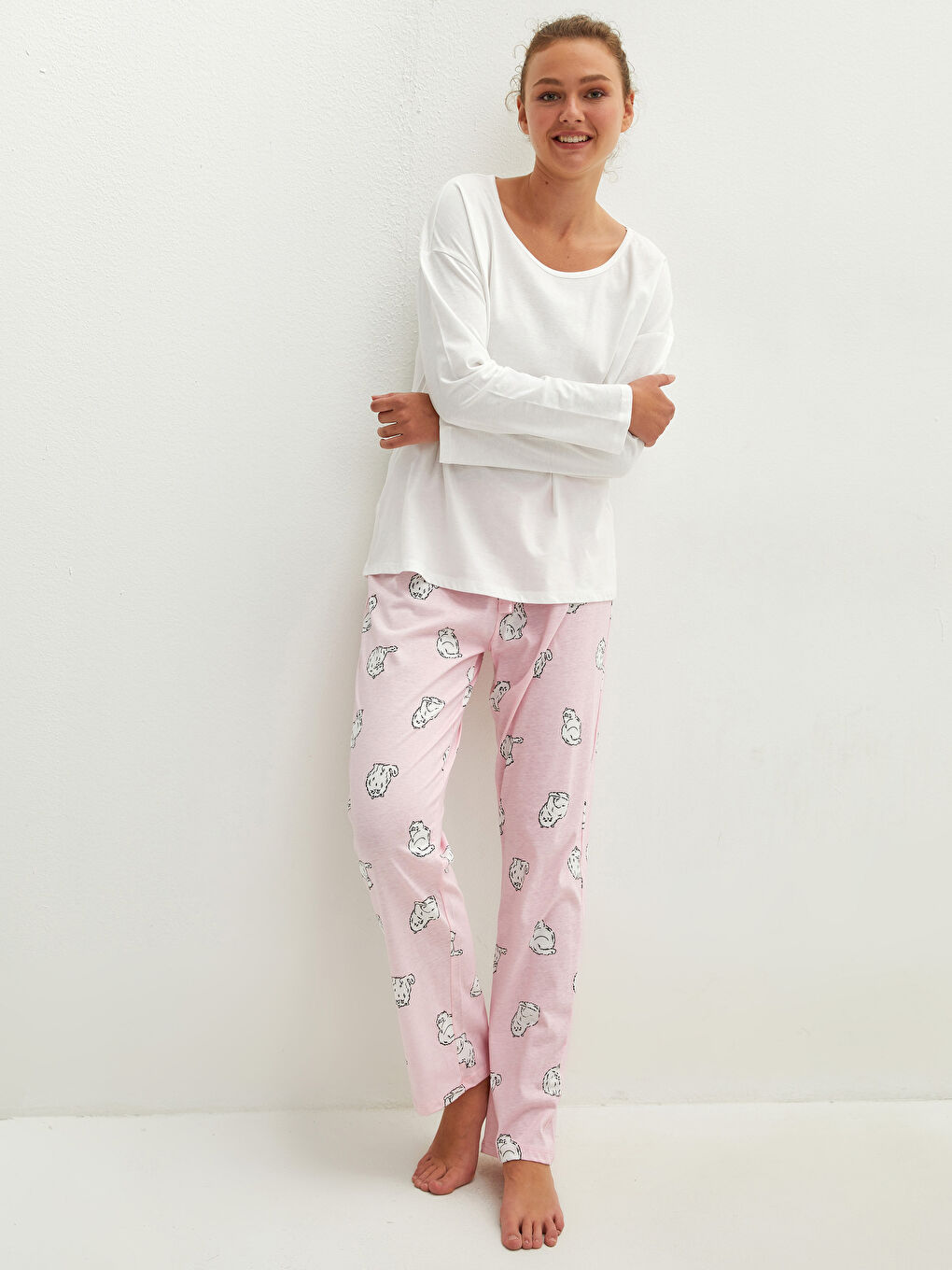 Pembe Bisiklet Yaka Baskılı Uzun Kollu Pamuklu Kadın Pijama Takımı-4