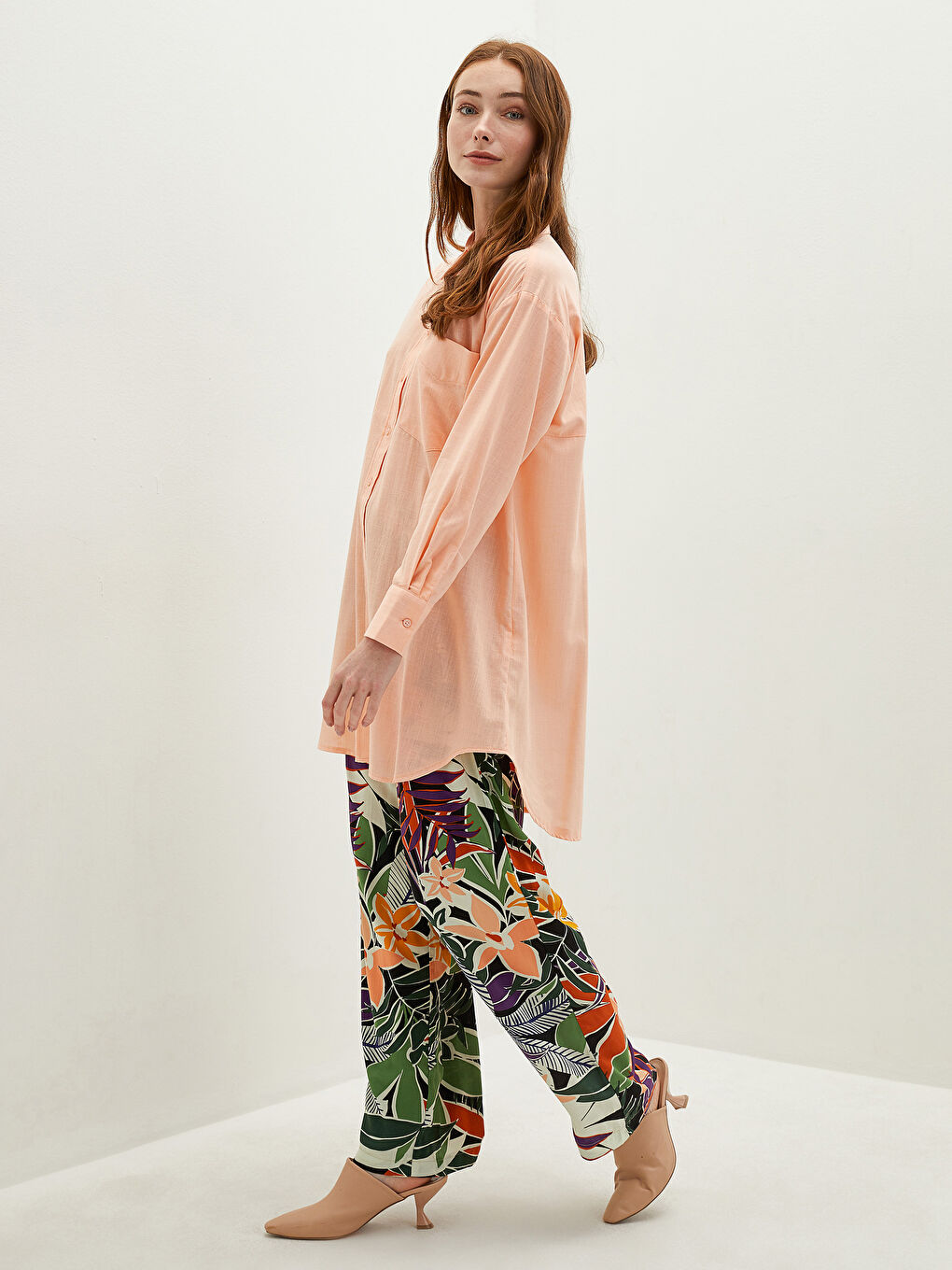 Turuncu Beli Lastikli Desenli Geniş Paça Viskon Kadın Pantolon