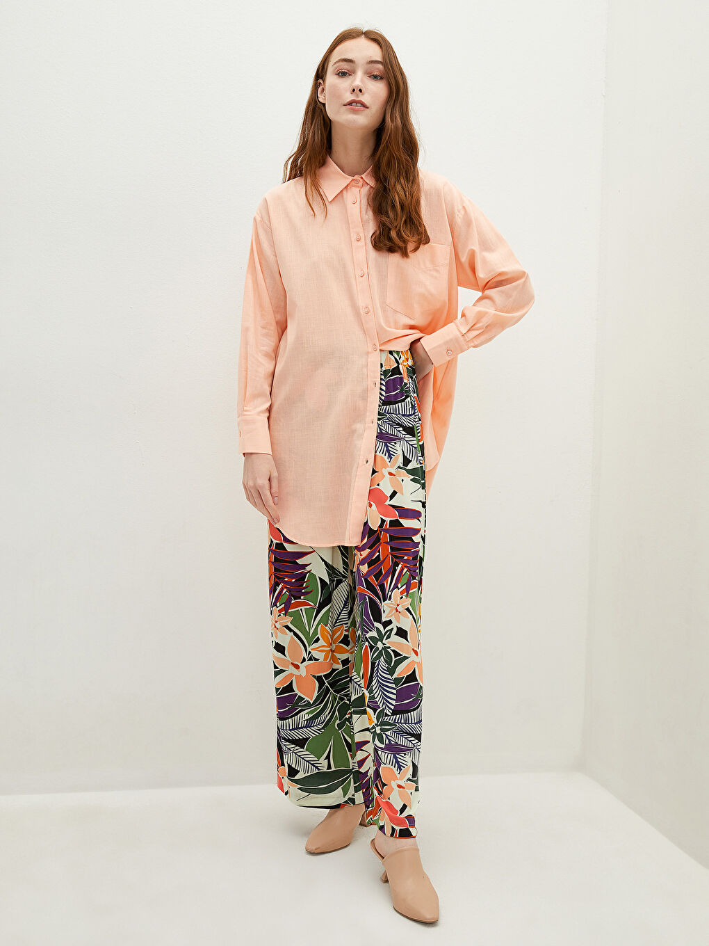 Turuncu Beli Lastikli Desenli Geniş Paça Viskon Kadın Pantolon-1