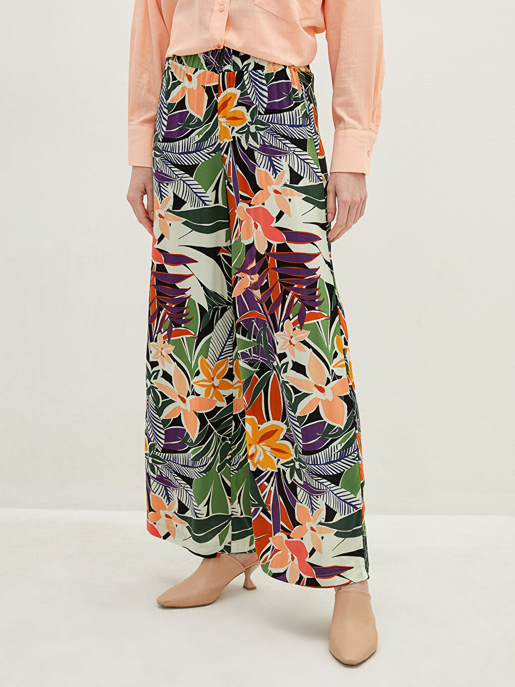 Turuncu Beli Lastikli Desenli Geniş Paça Viskon Kadın Pantolon-2