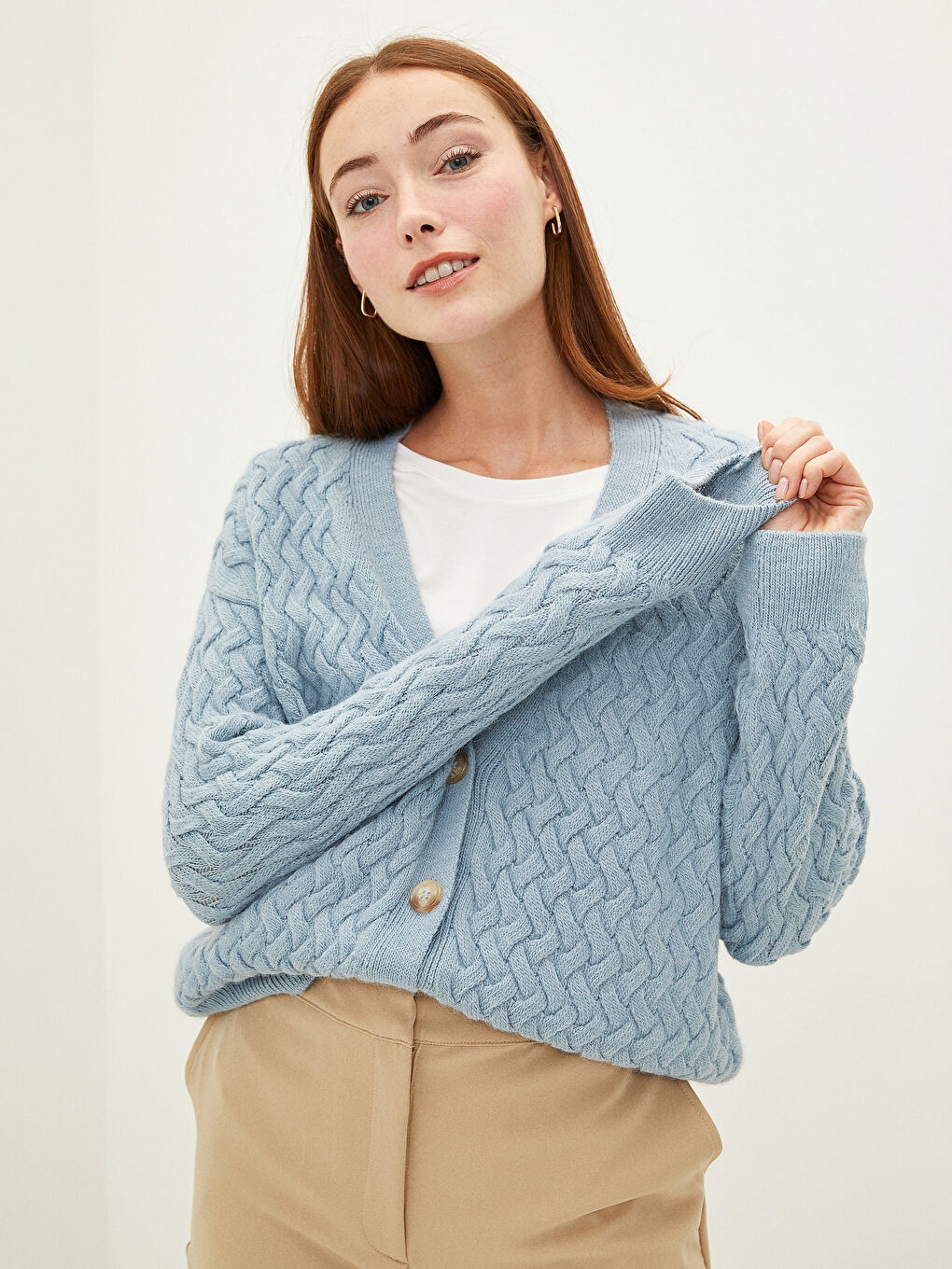 әйелдерге арналған v жағалы өрнекті ұзын жең трикотаж кардиган