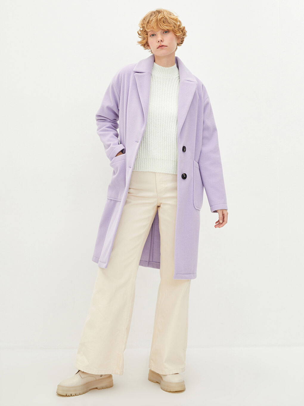 Lila Ceket Yaka Düz Uzun Kollu İnce Kadın Kaşe Kaban-1