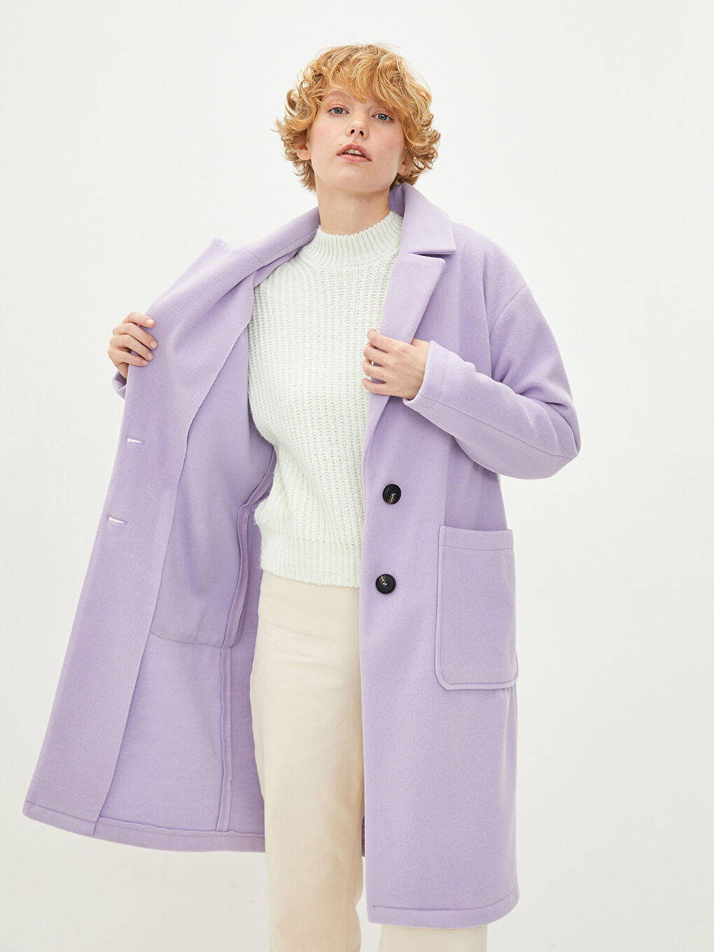 Lila Ceket Yaka Düz Uzun Kollu İnce Kadın Kaşe Kaban-3