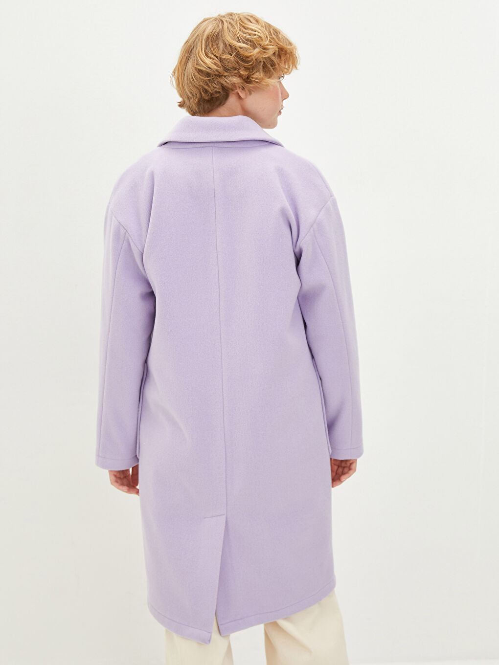 Lila Ceket Yaka Düz Uzun Kollu İnce Kadın Kaşe Kaban-5