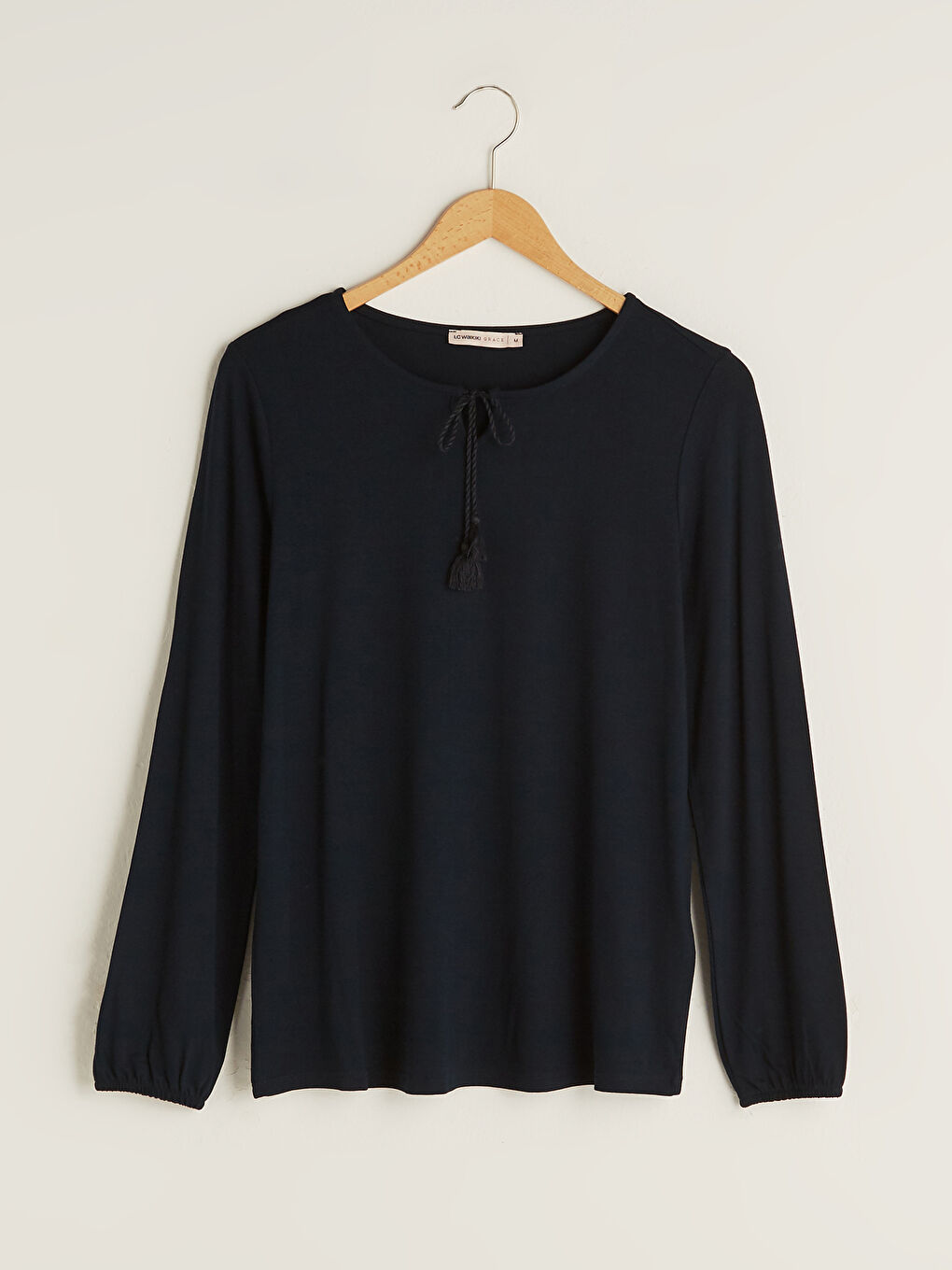 Tie Neck Plain Long Sleeve Women's Blouse-5