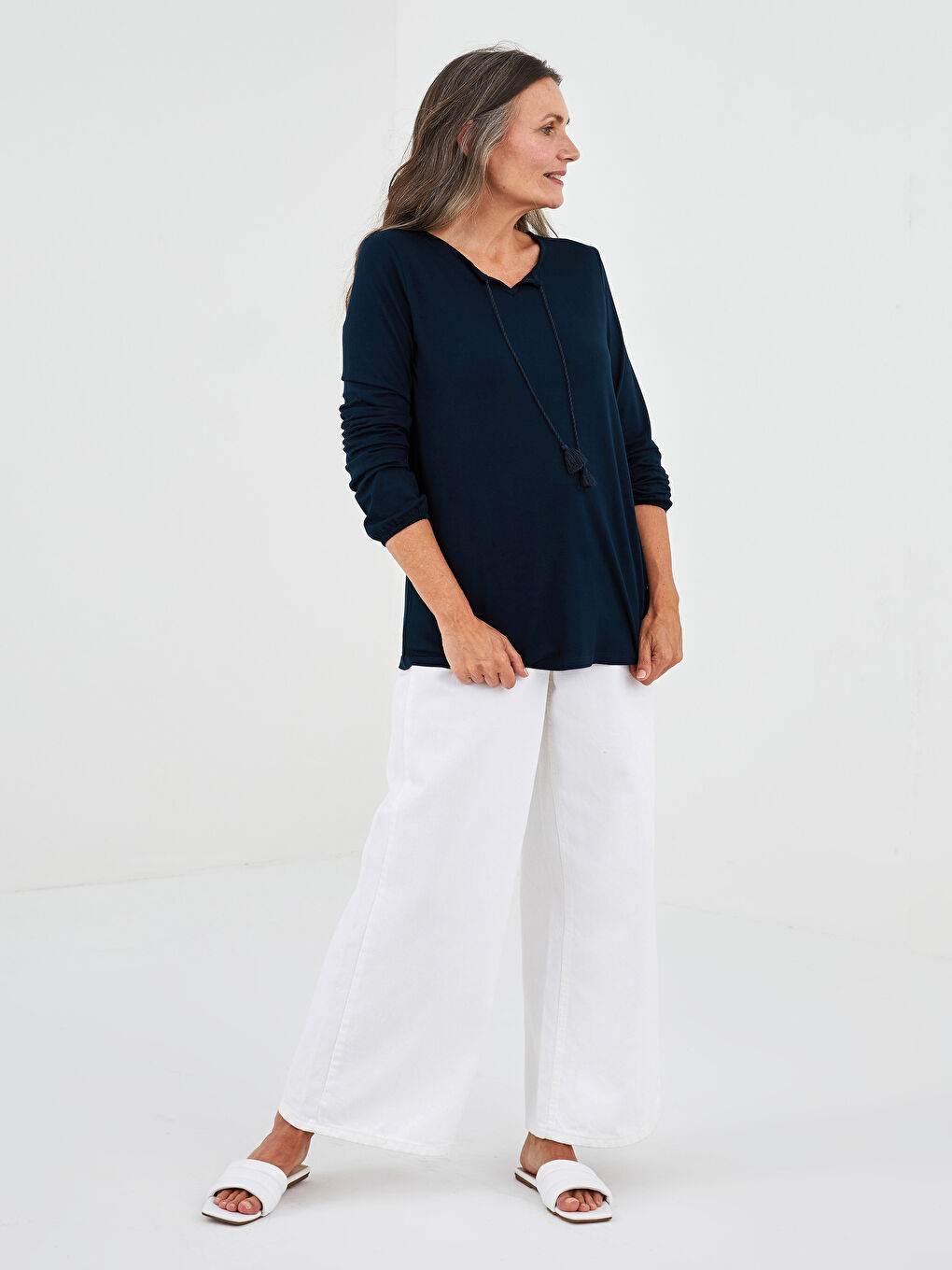 Tie Neck Plain Long Sleeve Women's Blouse-3